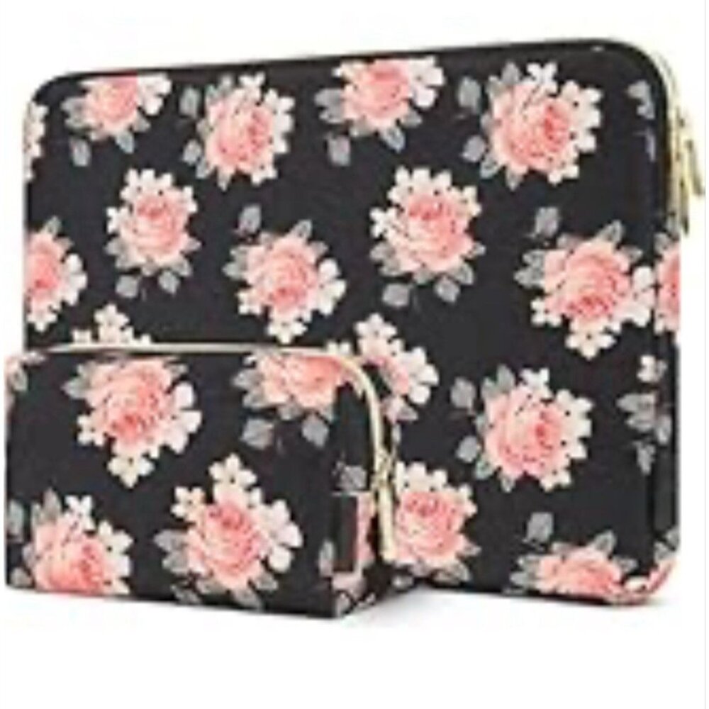 17.3" Laptop Sleeve Case Computer Bag With Small Matching Black Floral Case NEW